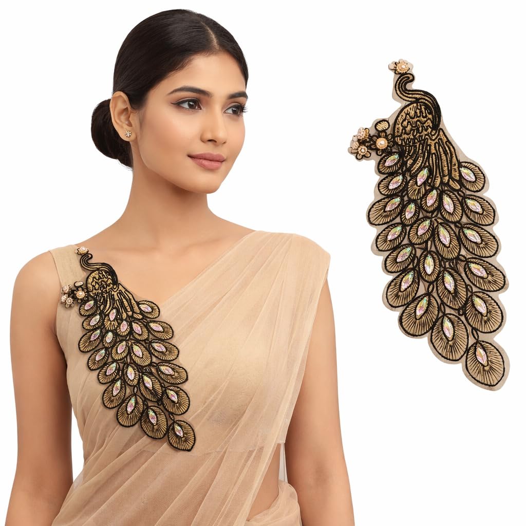 S.A.V.I Gold & Black Peacock Embroidered Sew-On Appliqué Patch 14x30 cm | Zardozi Threadwork with Crystal Stones | Designer Blouse Saree Kurti Gown Decoration (Left, Black & Gold, OneSize)