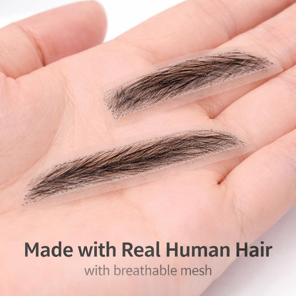 S.A.V.I Straight Shape Glue-On Eyebrows for Women, Natural Black, 7 cm Hand-Tied Real Human Hair, Breathable Mesh Base, Reusable Fake Brows with Adhesive for Makeup, Hair Loss and Alopecia