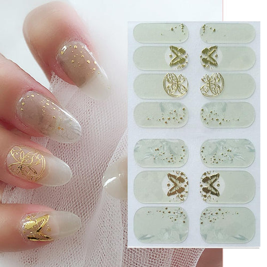 S.A.V.I 12-Piece Gel Nail Stickers – Light Green  Golden Butterfly Print, Full Nail Art Decals, Quick Apply  Long Lasting