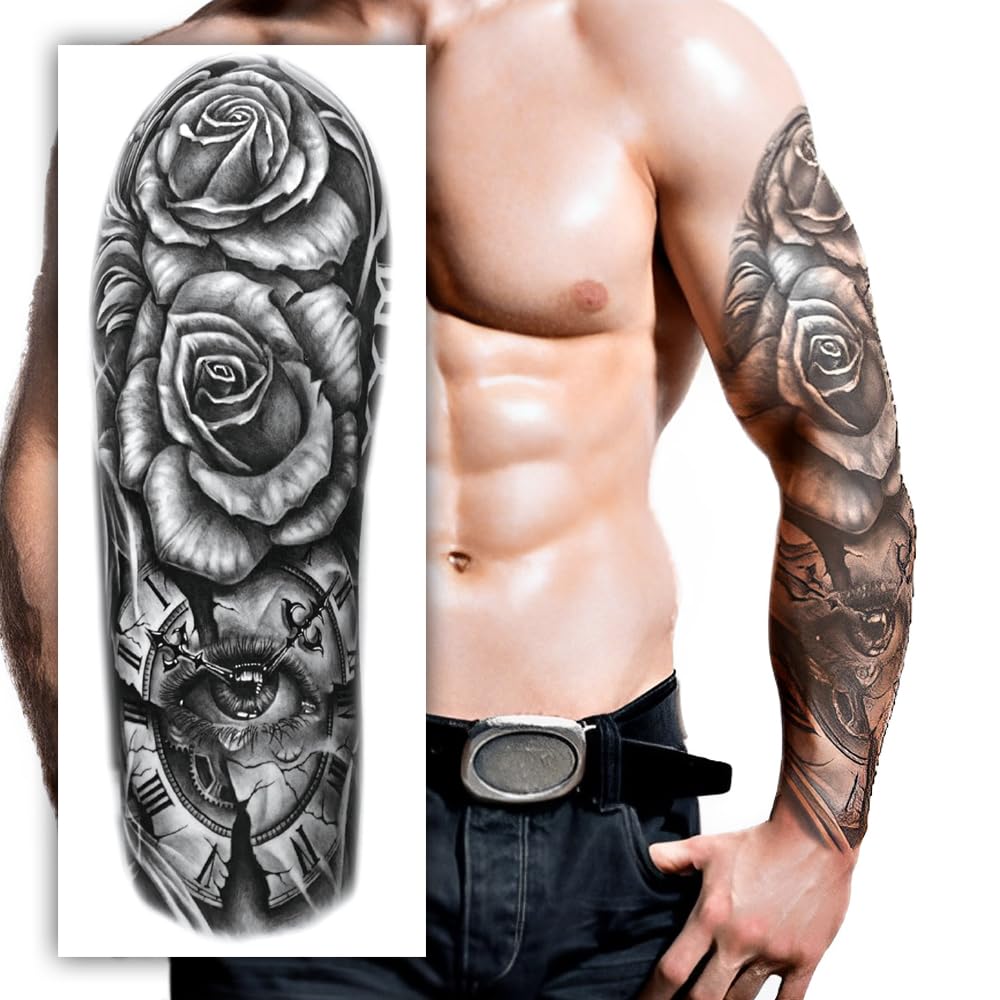 S.A.V.I Full Arm Temporary Tattoo for Men – 48x17 cm Long Sleeve Design – Realistic Rose & Clock Black Tattoo Sticker – Waterproof, Non-Toxic, Safe Body Art – Easy to Apply & Remove