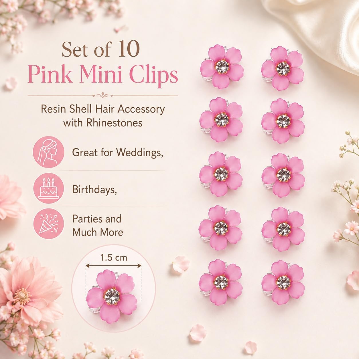 S.A.V.I Flower Hair Clips with Rhinestones, Pink, 1.5 cm | Set of 10, Resin Shell Material, Mini Claw Clips, Bridal & Party Styling, for Women & Girls
