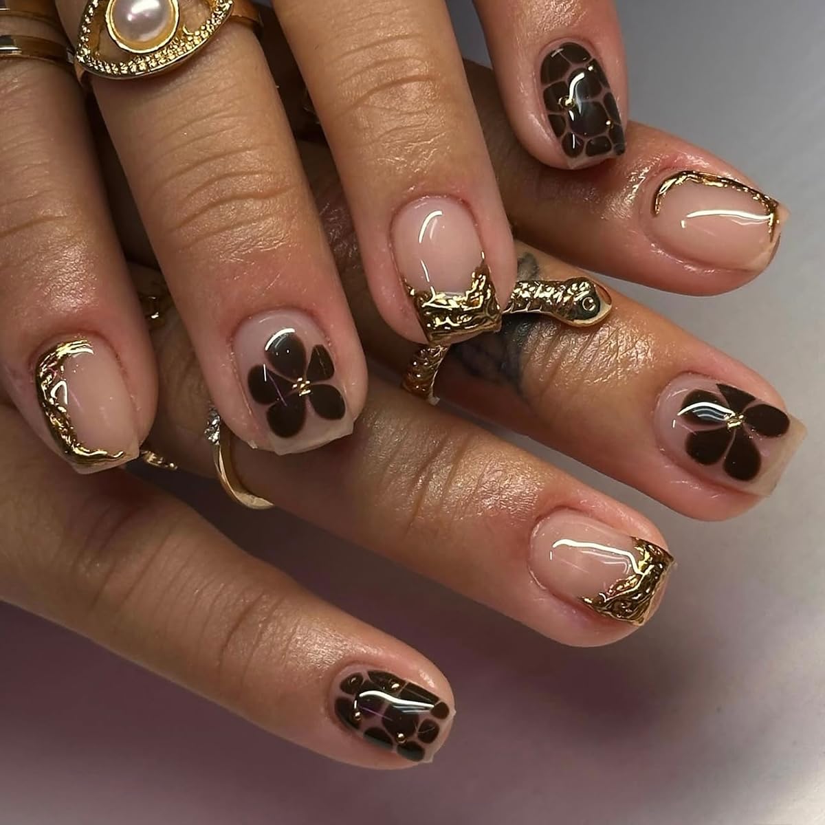 S.A.V.I 24 Pcs Nude & Brown Short Fake Nails with 3D Golden Design | Natural Shape Press On Nails with Glue & Adhesive Tabs | Easy Manicure Nail Art Decoration for Women & Girls