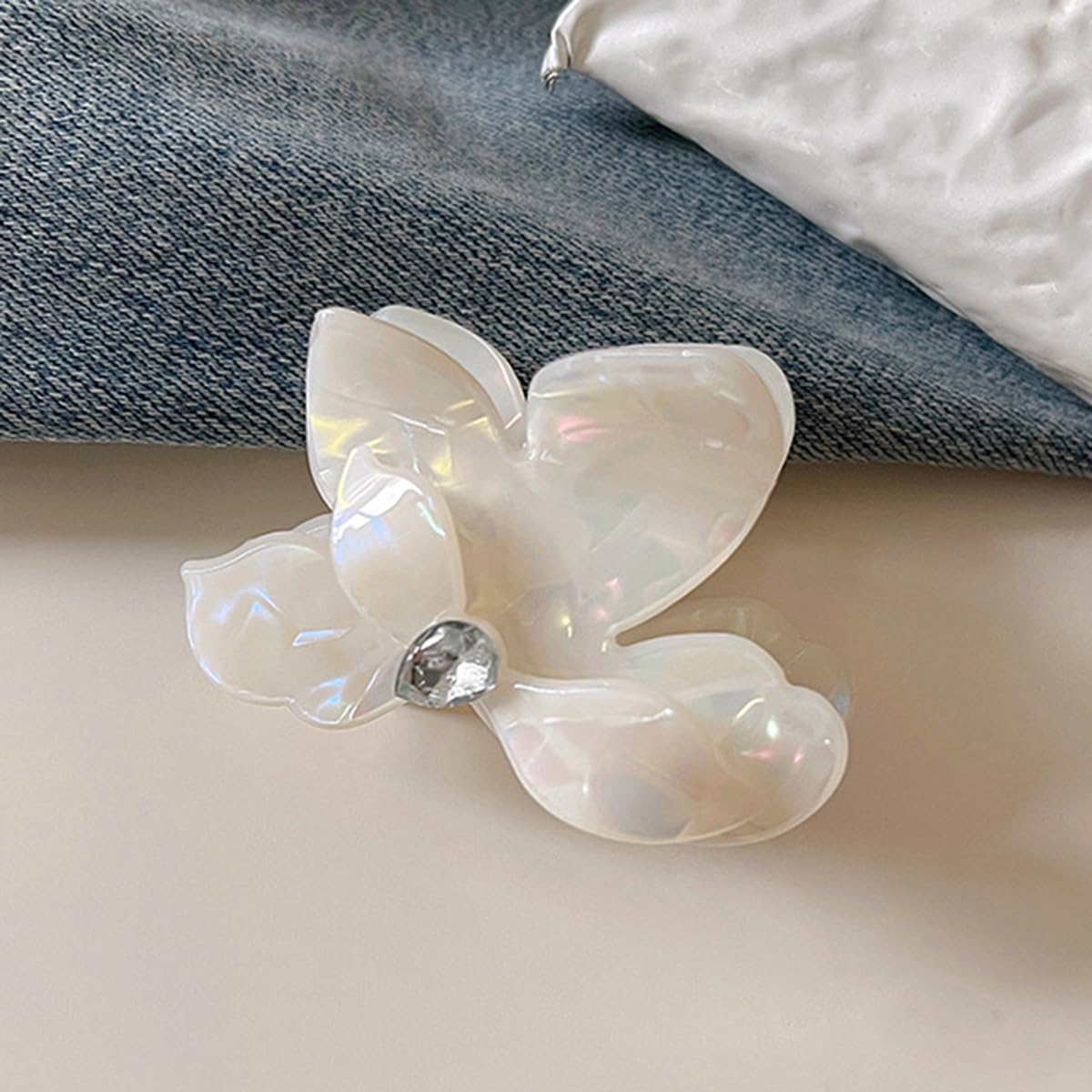 S.A.V.I Mermaid White Butterfly Hair Claw Clip 5.5 cm with Rhinestone Accent, Iridescent Acrylic Floral Design, Strong Grip Hair Accessory for Women & Girls, Half-Up Hairstyle