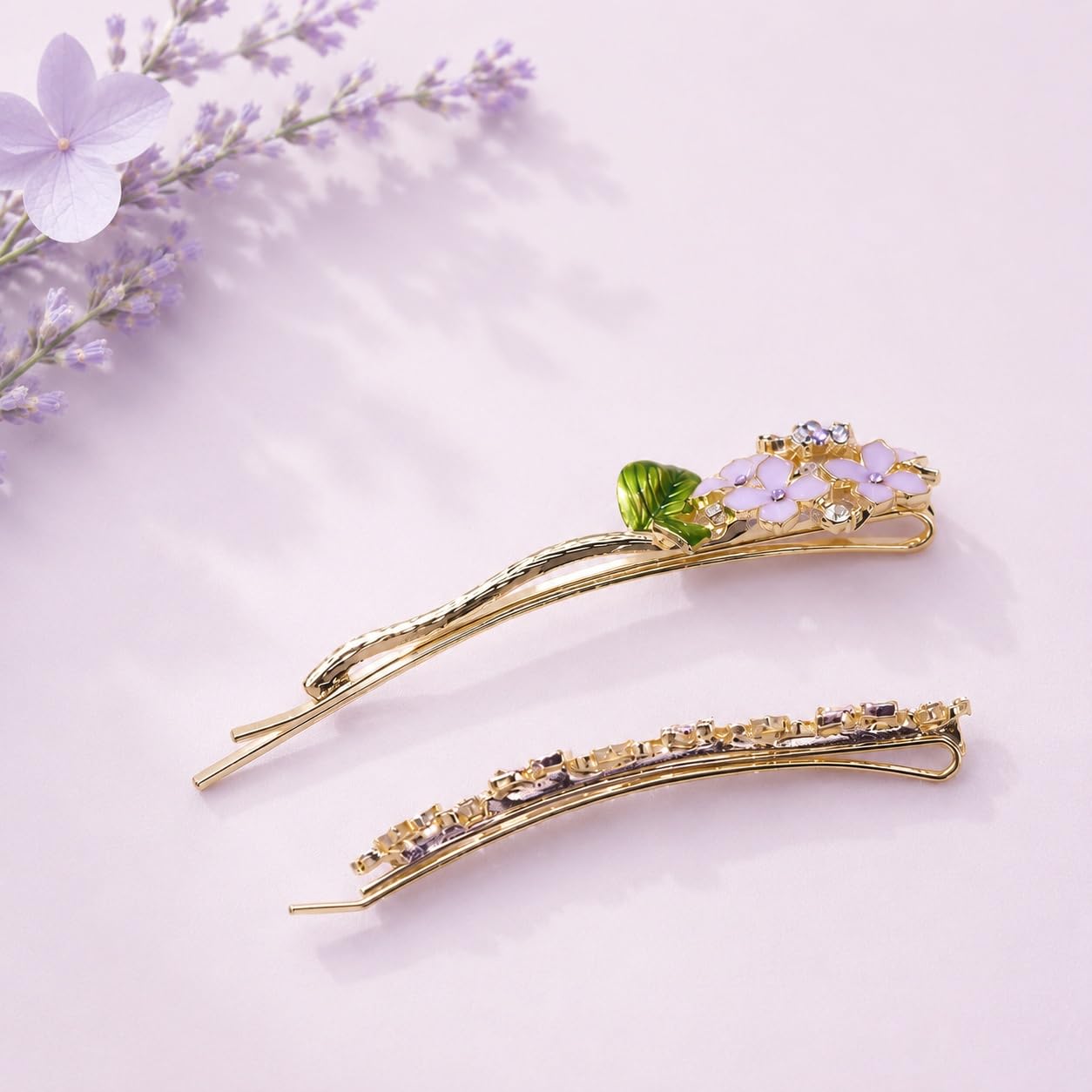 S.A.V.I Lavender Rhinestone Alloy Floral Hair Pins, 9 cm | Set of 2, Bobby Clips, Secure Hold, Women & Girls, Parties & Weddings