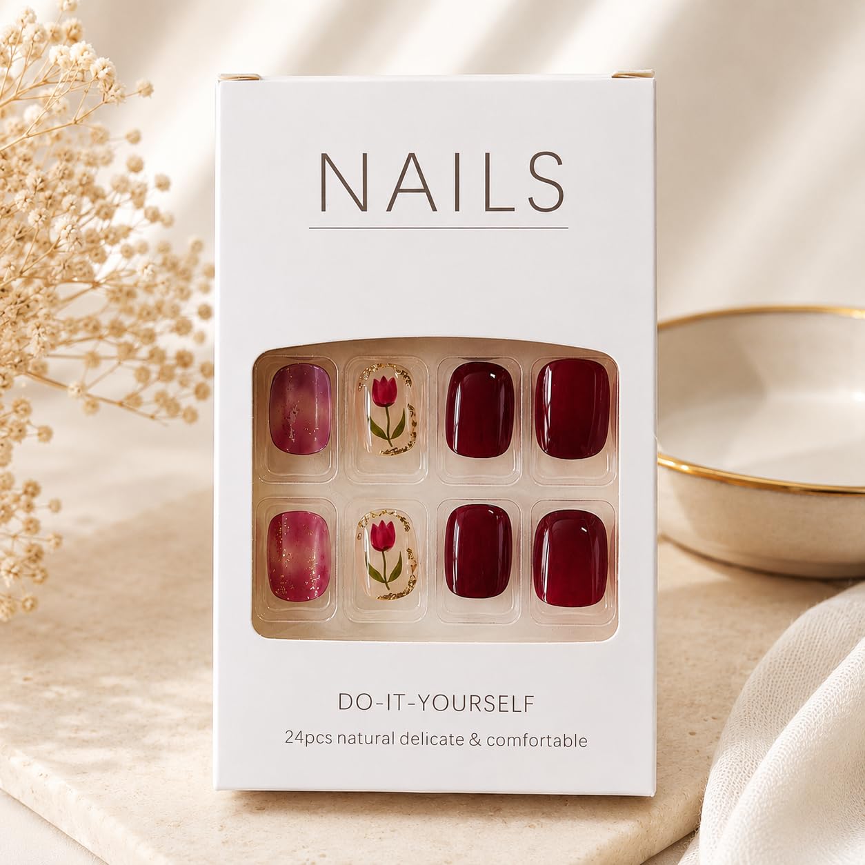 S.A.V.I Press on Nails Short Maroon Tulip Floral 24 Pcs | Reusable Glossy Manicure Kit with Glue, Adhesive Tabs, Tulip Art, Natural Fit for Women