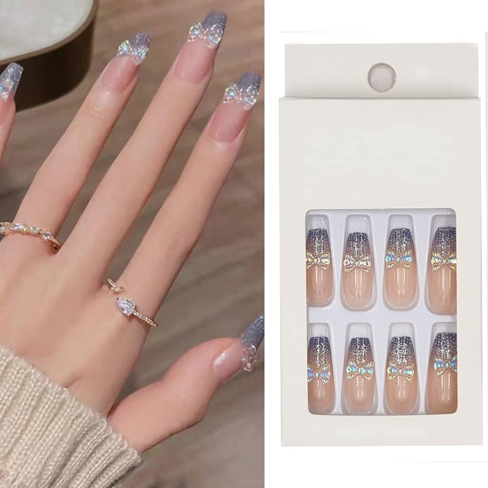 S.A.V.I 24 PCs Grey Glitter 3D Bow Aurora Color Manicure Easy Ready to Use Fake False Nails for Women Girls with glue - Long-Lasting  Trendy