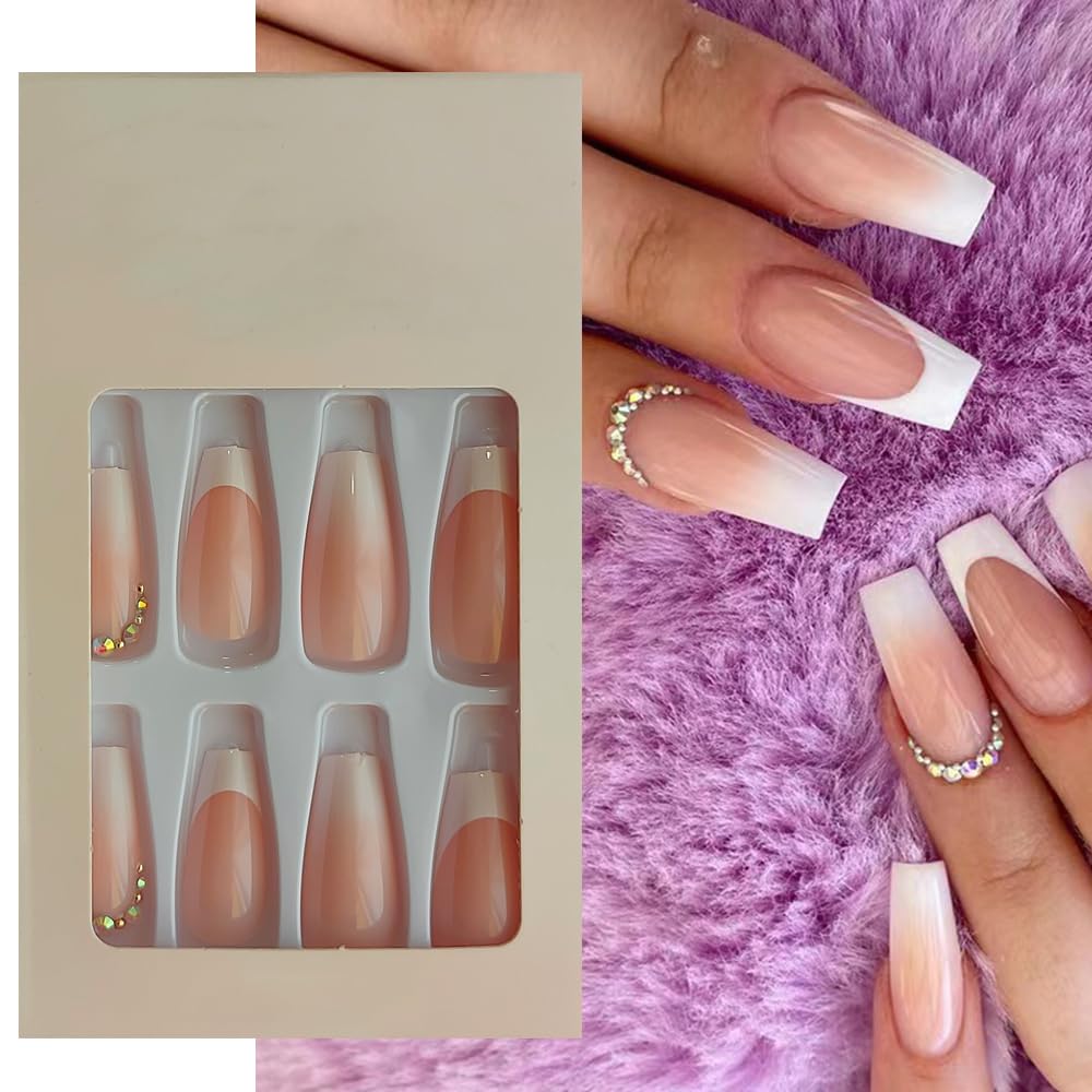 S.A.V.I 24Pcs Nude  White Ombre Coffin Fake Nails - 3D Crystal, Long Press-On Manicure with Adhesive  Glue