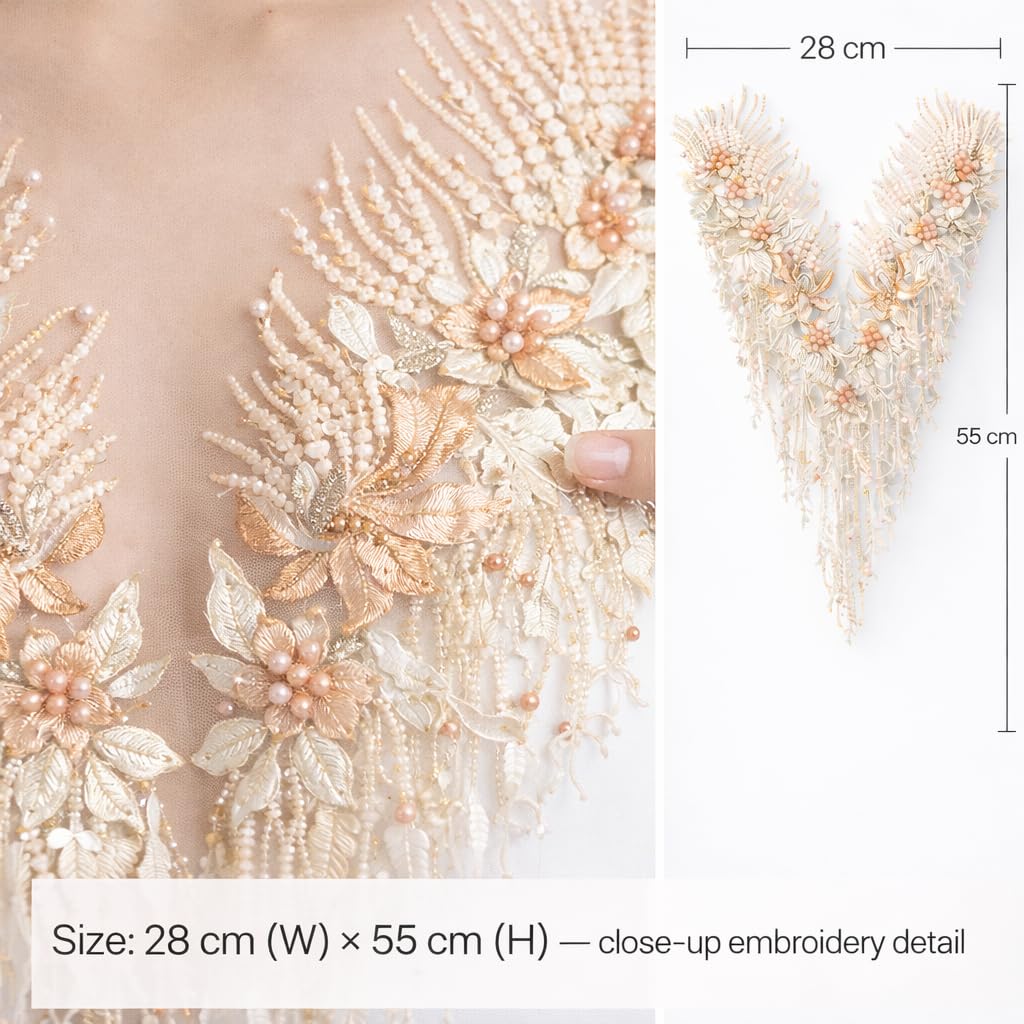 S.A.V.I Peach Apricot Floral Embroidered Applique Patch 28x55 cm, 3D Hand Beaded Pearl Sequin Net Lace V-Neck Front Yoke, Lehenga Gown Bridal Evening (Peach Apricot)