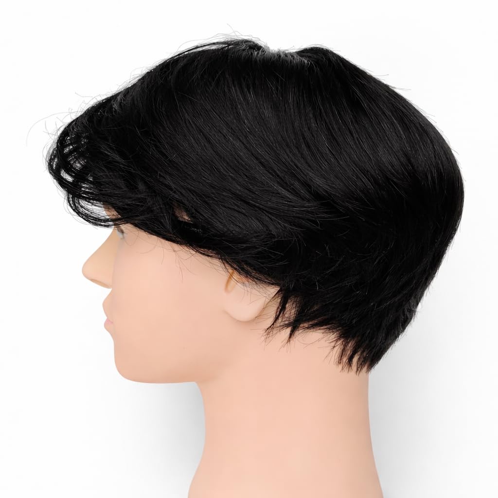 S.A.V.I Black Mid Part Men’s Wig – 100% Human Hair Patch, Natural Straight Layered Cut with Realistic Scalp, Lightweight Breathable Cap, Undetectable Toupee for Men