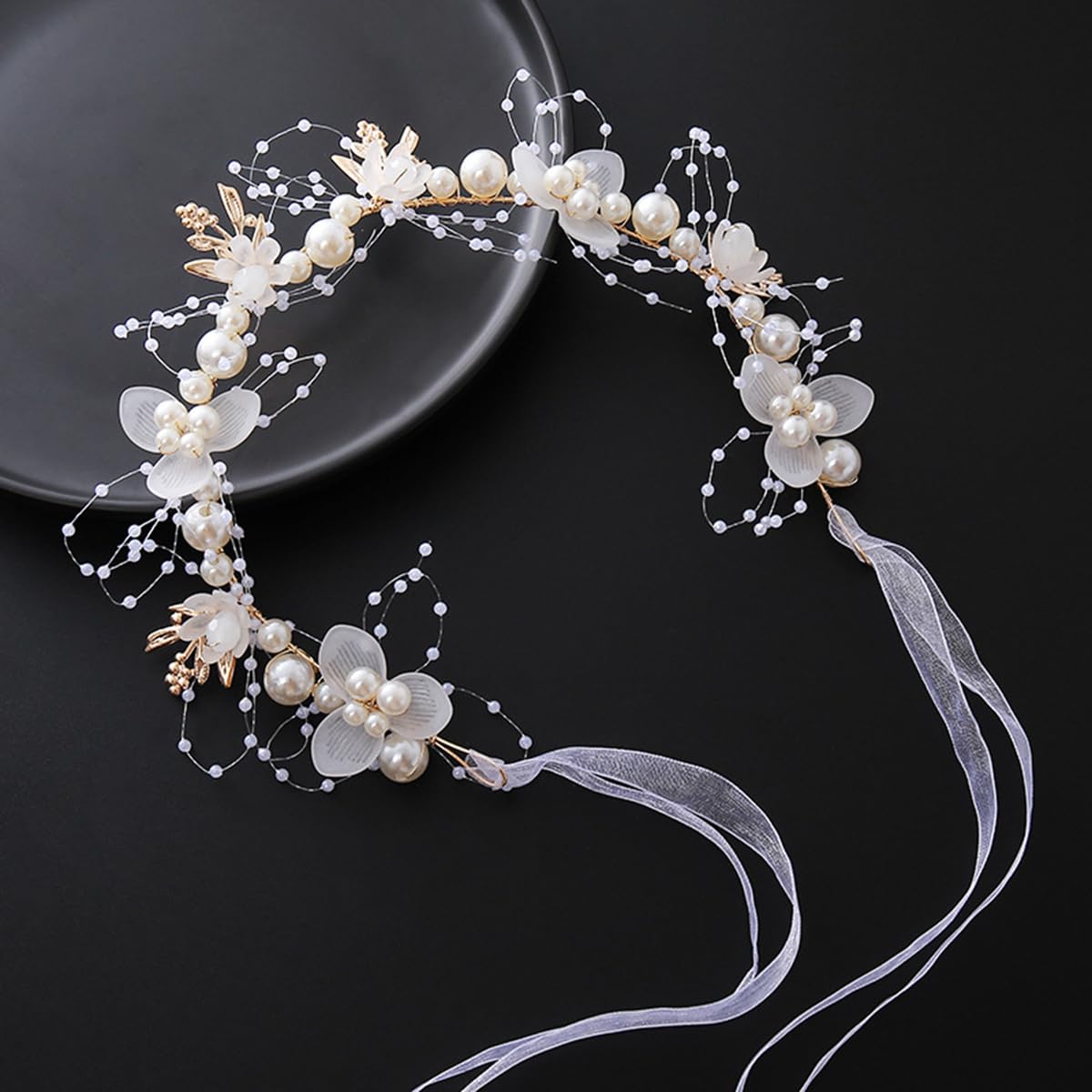 S.A.V.I White Floral Pearl Headband for Girls & Women | Adjustable Boho Bridal Hair Crown Tiara | Alloy Faux Pearl Acrylic Flower Leaf Design | Wedding Party Princess Hair Accessory