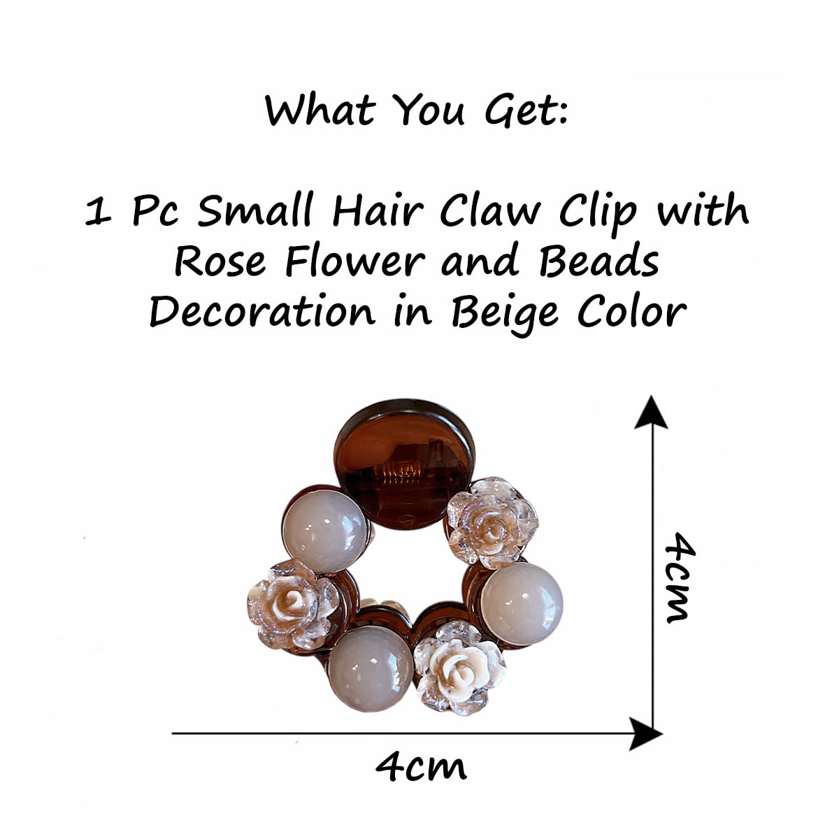 S.A.V.I Beige Small Hair Claw Clip 4cm | Round Acrylic Clutcher with Rose Flower & Bead Decor | Strong Hold Mini Hair Clip for Girls & Women
