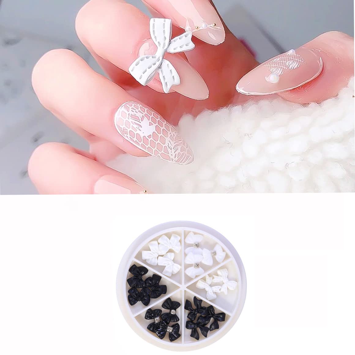 S.A.V.I Big 3D Bow, 6 Grids Wheel, Nail Fashion Accessories, Black  White Decoration, DIY Manicure for Girls Women