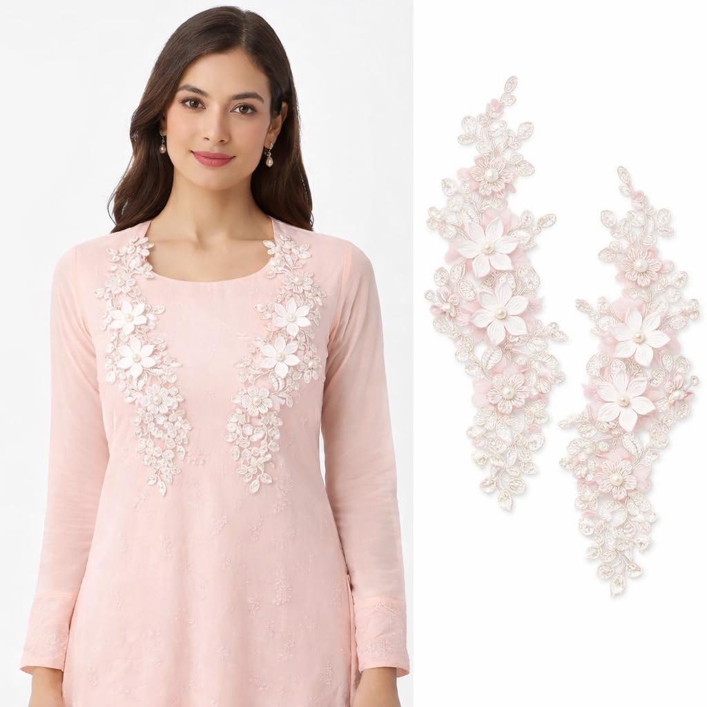 S.A.V.I Luxury Blush Pink Floral Embroidered Applique Pair 12x30 cm | 3D Lace Pearl Beaded Net Fabric Neckline Motif for Women’s Kurtis, Gowns & Bridal Wear (Pink Flowers)