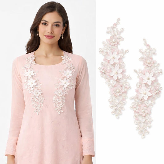 S.A.V.I Luxury Blush Pink Floral Embroidered Applique Pair 12x30 cm | 3D Lace Pearl Beaded Net Fabric Neckline Motif for Women’s Kurtis, Gowns & Bridal Wear (Pink Flowers)