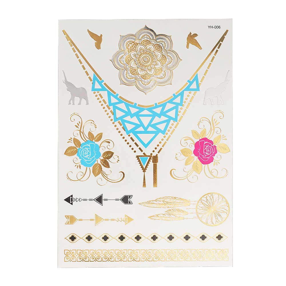 S.A.V.I 3D Temporary Tattoo Golden and Silver Metallic Sticker Virtual Beach Necklace With Leaves Design Size 21x15cm - 1pc. (6), Gold, 2 g