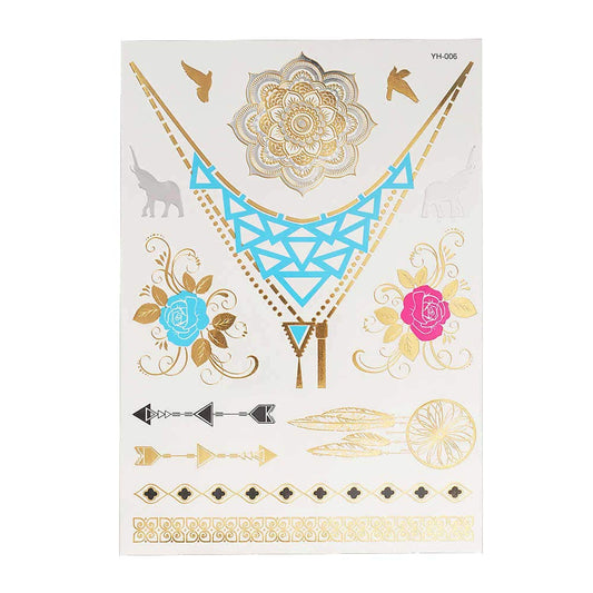 S.A.V.I 3D Temporary Tattoo Golden and Silver Metallic Sticker Virtual Beach Necklace With Leaves Design Size 21x15cm - 1pc. (6), Gold, 2 g