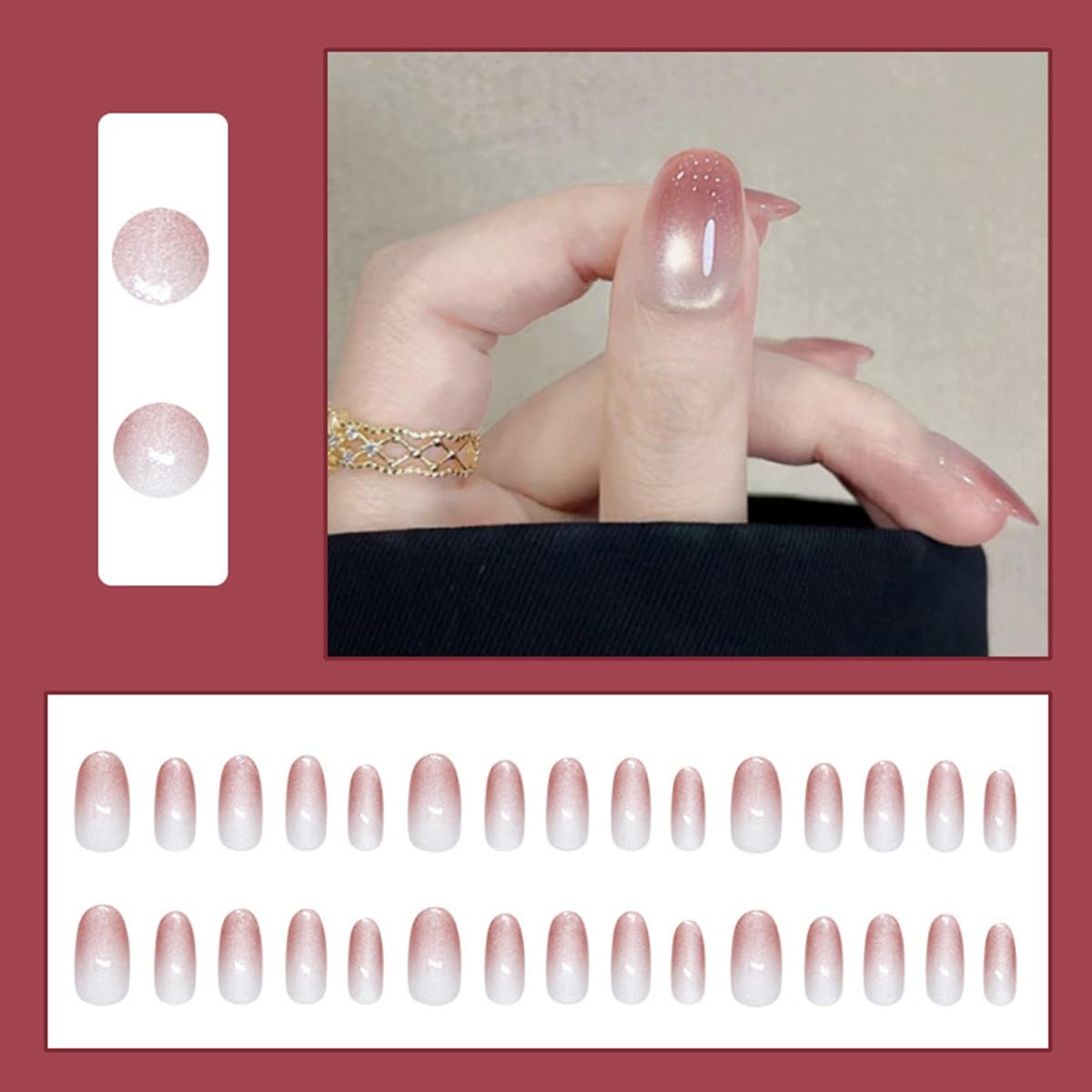 S.A.V.I Press on Nails 30 Pcs Pink Gradient Round Medium | Blush Glossy Nude Finish, Reusable DIY Manicure Set with Glue & Adhesive Tabs Included