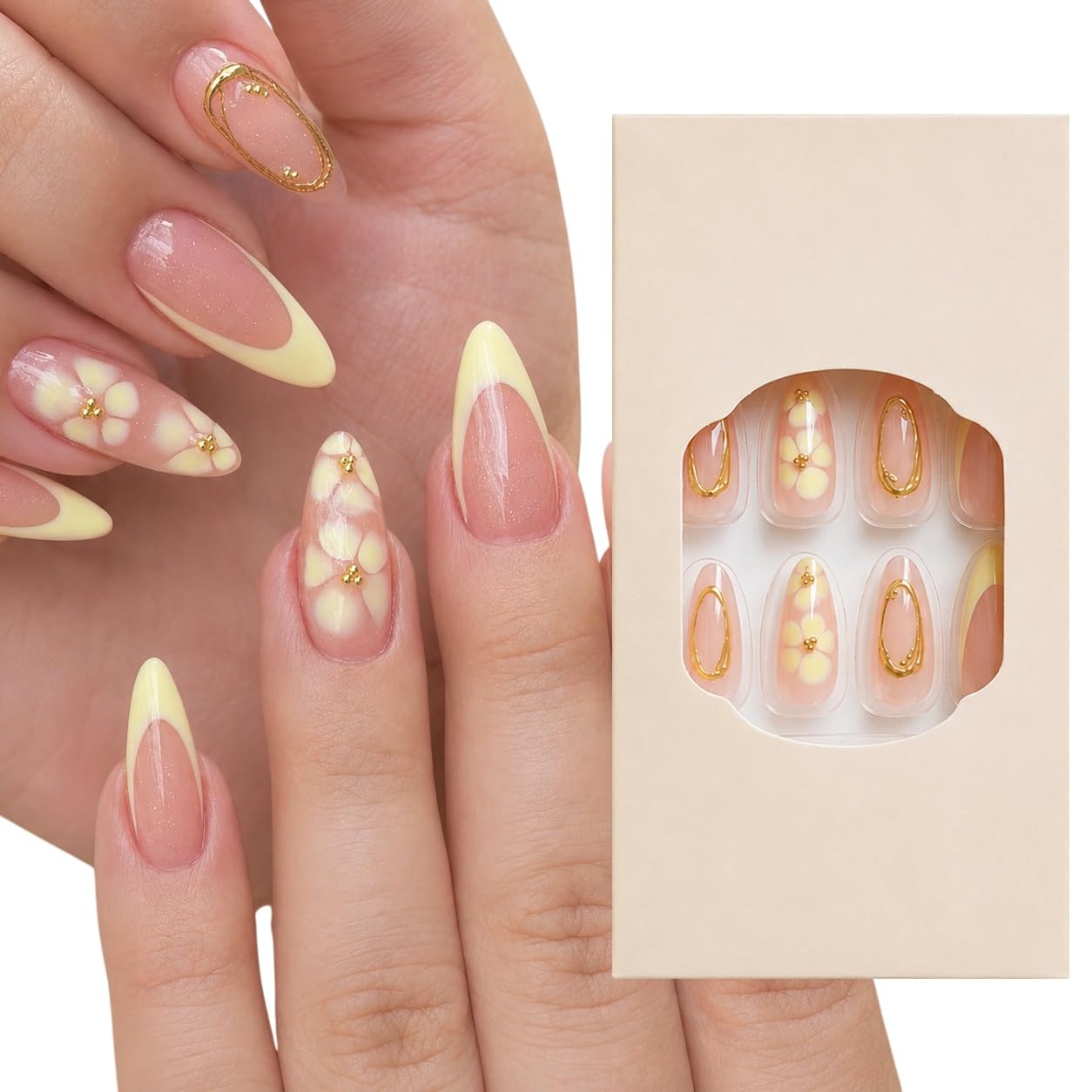 S.A.V.I Floral Almond Press on Nails Yellow Nude Glossy 24 Pcs