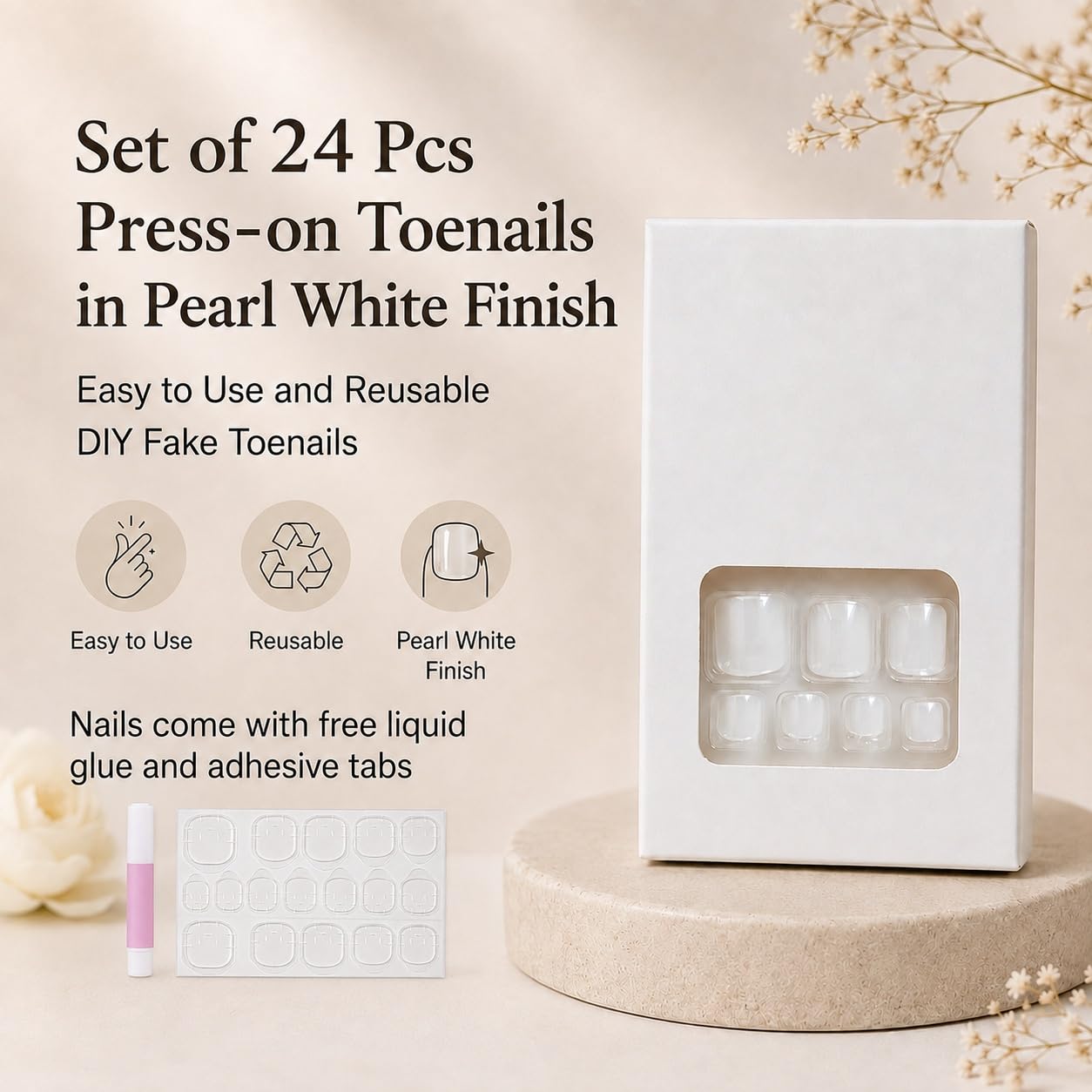 S.A.V.I Press on Toenails Pearl White Glossy 24 Pcs
