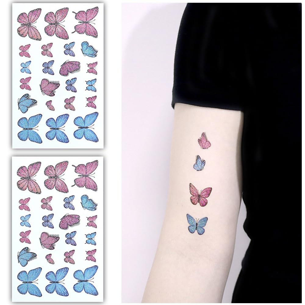 S.A.V.I 2Pcs Glitter Butterfly Temporary Tattoo Stickers - Vibrant Pink  Blue Design, Waterproof  Skin-Friendly - for Kids, Women, Party Accessories - Easy Application, Long-Lasting, 12x7.5 cm