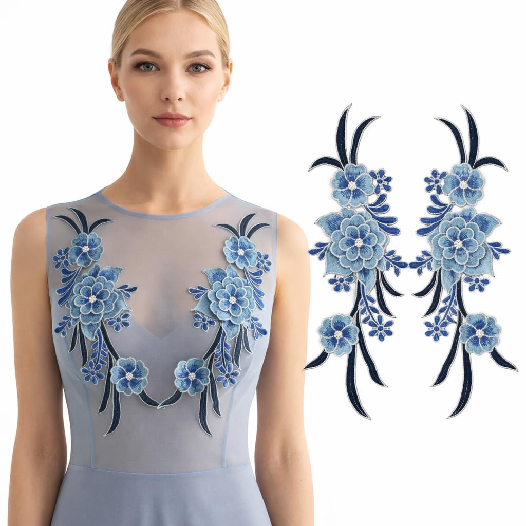 S.A.V.I Pair of Blue Floral Embroidered Applique Sew On 12.5 x 33.5 cm | Fabric Neckline Motif for Dresses Kurtis Gowns & Designer Wear (Blue)