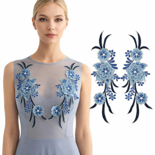 S.A.V.I Pair of Blue Floral Embroidered Applique Sew On 12.5 x 33.5 cm | Fabric Neckline Motif for Dresses Kurtis Gowns & Designer Wear (Blue)