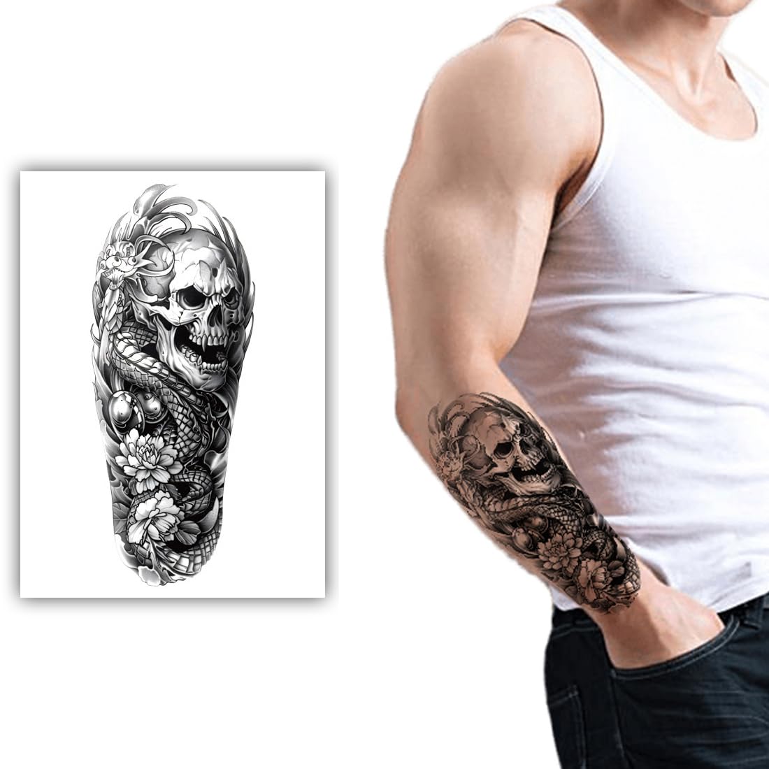 S.A.V.I Skull & Snake Arm Temporary Tattoo Sticker | Black Realistic Half-Sleeve Fake Tattoo for Men | Waterproof Non-Toxic Long-Lasting Removable Body Art | 1 Pc 21 x 11 cm Sheet