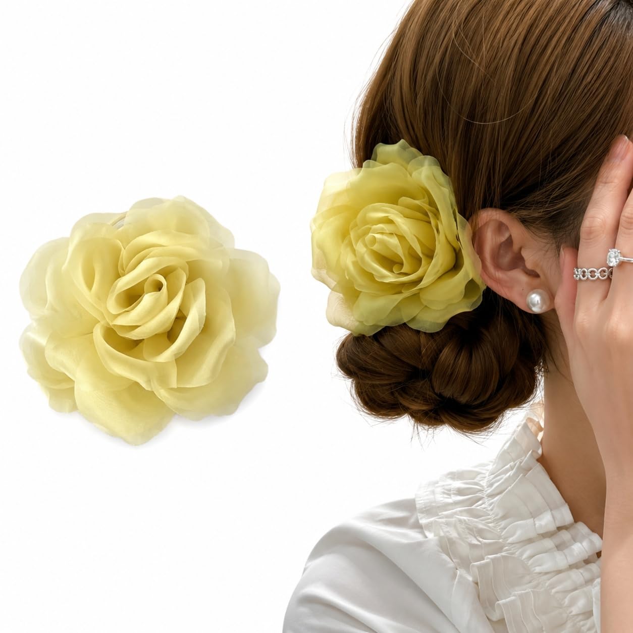 S.A.V.I Rose Flower Hair Clutch Clip for Women Yellow Mesh 10cm | Strong Grip, Lightweight, Soft Fabric, Large Size, 1 Piece