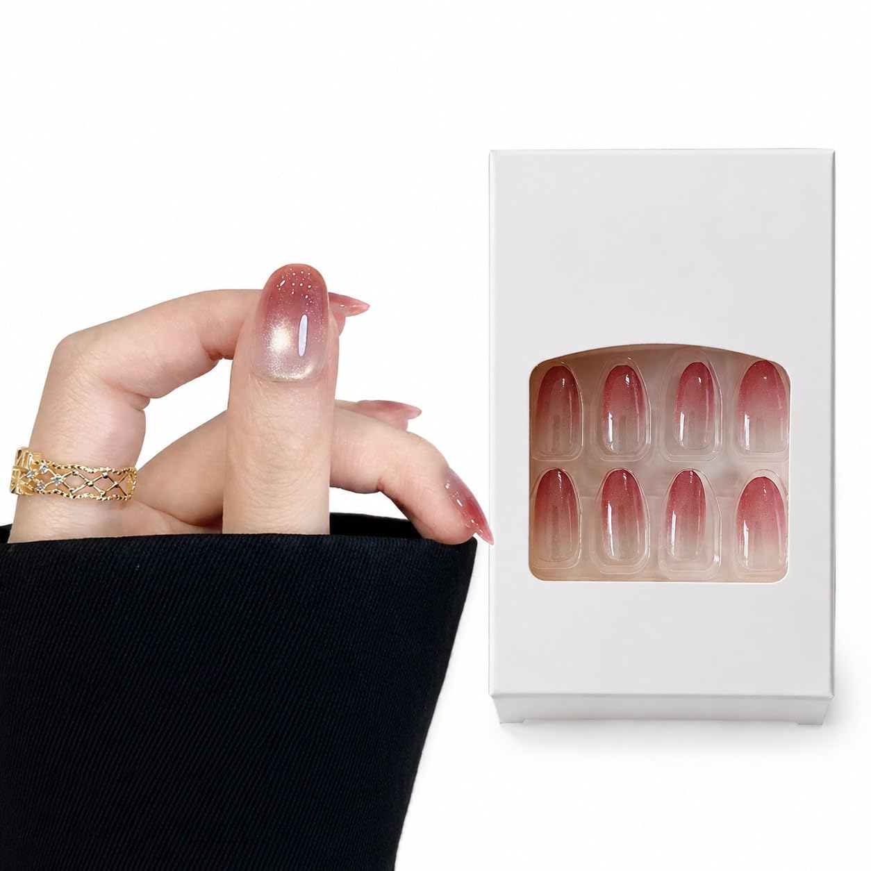 S.A.V.I Press on Nails 30 Pcs Pink Gradient Round Medium | Blush Glossy Nude Finish, Reusable DIY Manicure Set with Glue & Adhesive Tabs Included