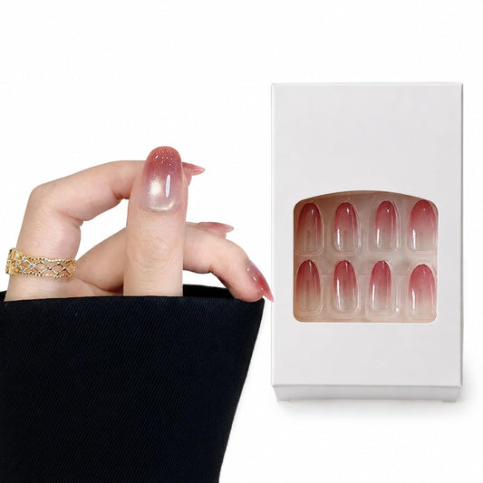 S.A.V.I Press on Nails 30 Pcs Pink Gradient Round Medium | Blush Glossy Nude Finish, Reusable DIY Manicure Set with Glue & Adhesive Tabs Included