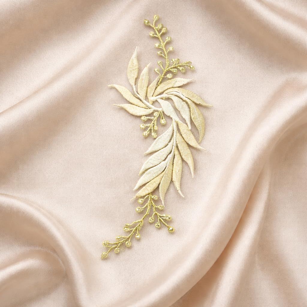 S.A.V.I Yellow & Silver Floral Iron-On Embroidered Appliqué Patch 7.5 x 17 cm | Leaf Motif Threadwork Design for Dresses, Sarees, Blouses & DIY Fabric Craft (Right, Yellow, 7.5 x 17 cm)