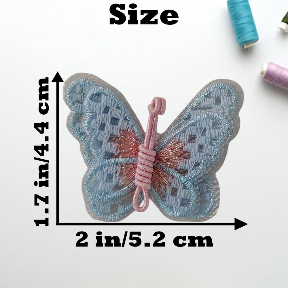 S.A.V.I 3 Pcs Butterfly Sew-On Applique Blue & Pink | 2 x 1.7 Inch Embroidered Fabric Patch with Thread Mesh | Decorative Motif for Dresses, Kurtis, Crafts & DIY (Blue)