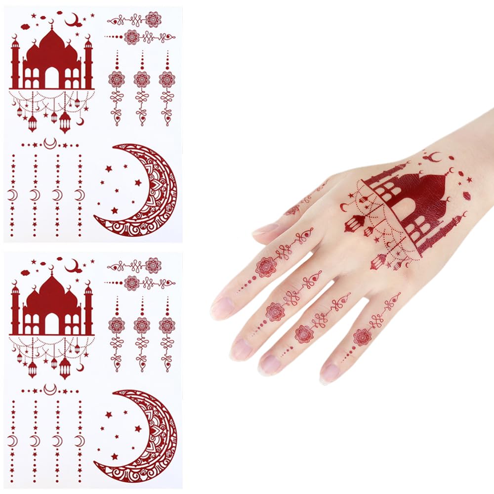 S.A.V.I 2Pcs Natural Islamic Henna Mehndi Temporary Tattoo Stickers for Women – Crescent Moon, Mosque & Mandala Design, Waterproof Skin-Safe Transfer Body Art for Eid, Nikah & Festivals (#51)