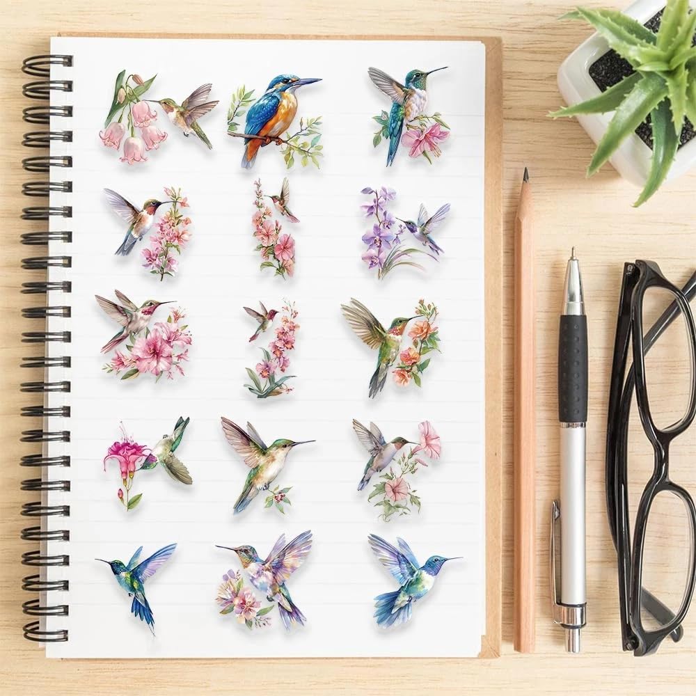 S.A.V.I 50 Pcs Hummingbird Floral Stickers Set, Waterproof Vinyl Decals
