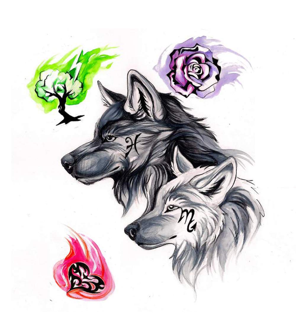 S.A.V.I 3D Temporary Tattoo Beautiful Lucky Wolves Couple Love Design Size 21x15CM - 1PC
