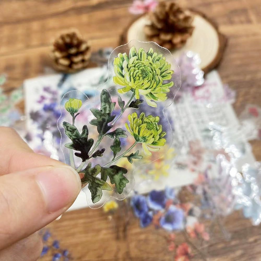 S.A.V.I Floral Transparent PET Stickers – 50 Sheets | Waterproof Matte UV | Multicolour Botanical Flowers (3–6 cm) | DIY Decor for Glass Cups, Bottles, Phone Covers, Journals & Crafts
