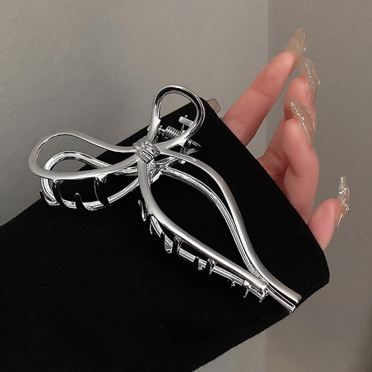 S.A.V.I Silver Metal Bow Hair Claw Clip for Women, 11.5 cm Large Butterfly Design, Strong Hold Non-Slip Jaw for Thick Long Hair, Korean Style Elegant Accessory To Use Daily & For Party