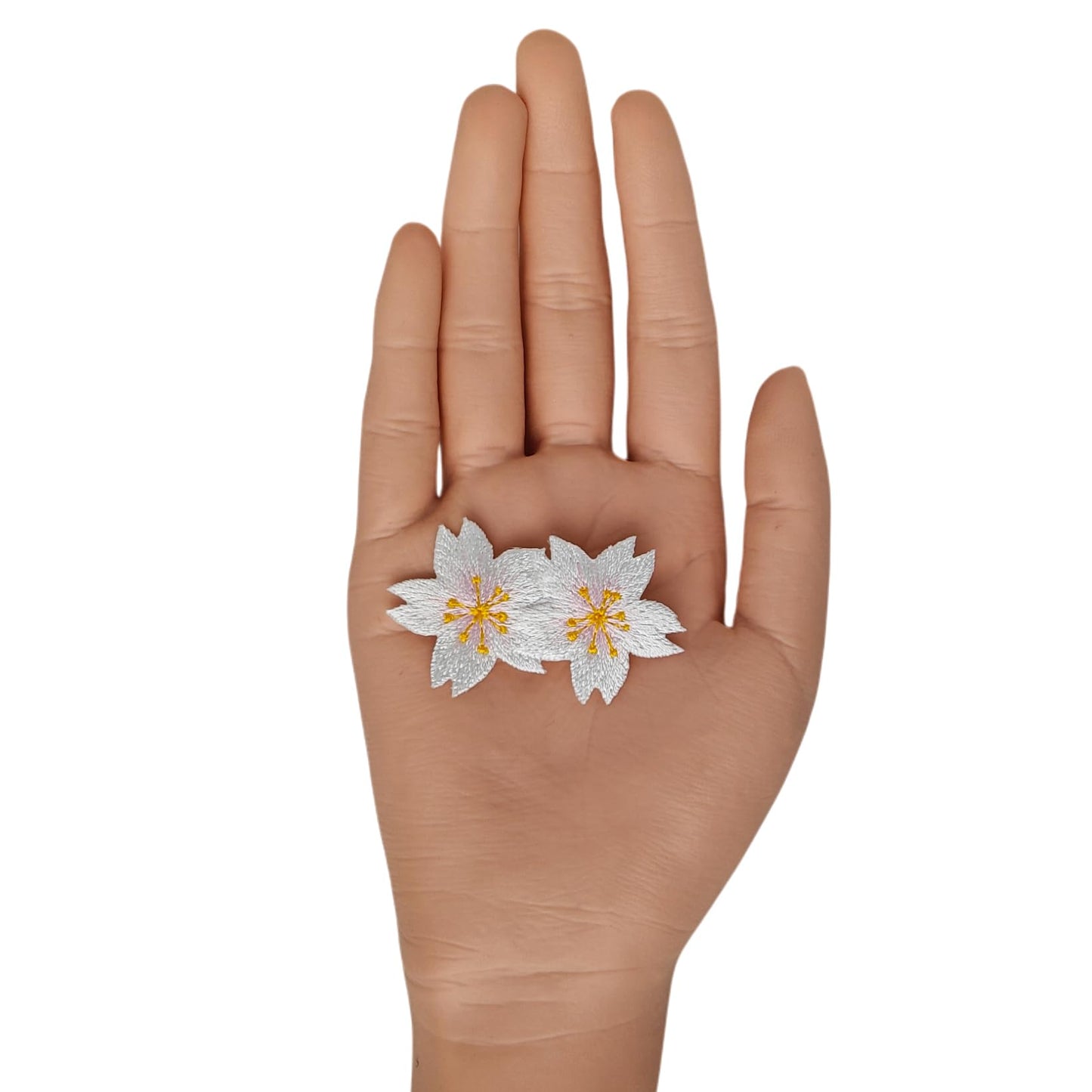 S.A.V.I White Floral Embroidered Iron-On Appliqué Patch, Double Cherry Blossom Design, Soft Thread Work for Dresses, Blouses, Lehengas & DIY Crafts, 5.3 x 3.3 cm (White)