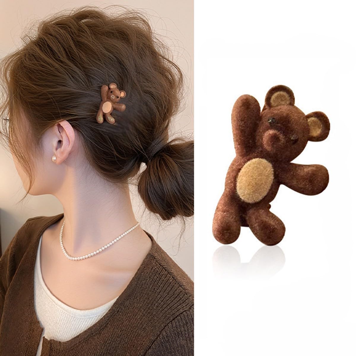 S.A.V.I Cute Brown Teddy Bear Hair Clip for Girls & Women | Mini Plush Furry Hair Claw Clip 4 cm | Soft Velvet Cartoon Bear Korean Style Hair Accessory for Kids