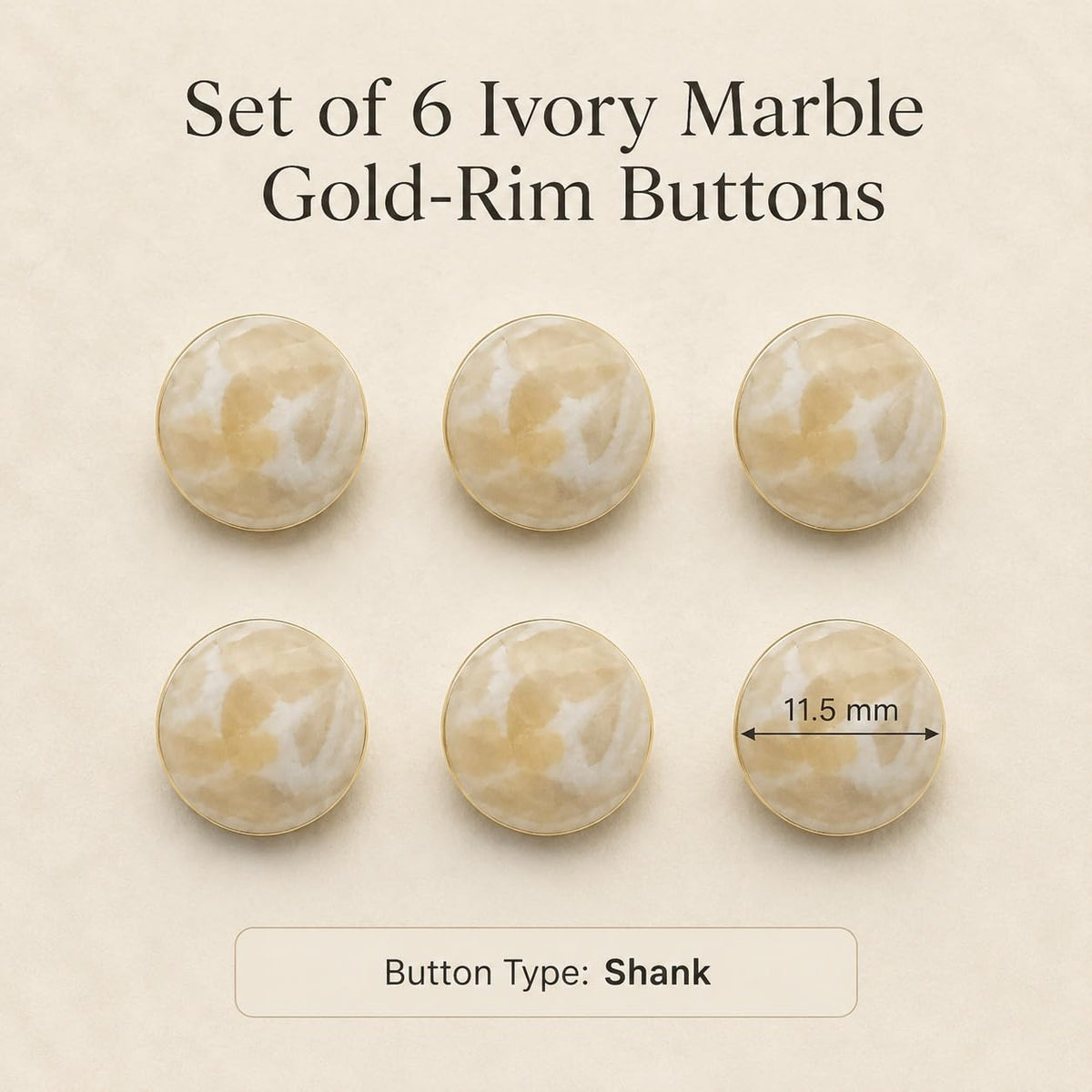 S.A.V.I Ivory Marble Shank Buttons with Gold Rim, 11.5 mm, Pack of 6 | Round Design, DIY Garment Craft, Blouse & Kurti Use, Cream-Tone Finish