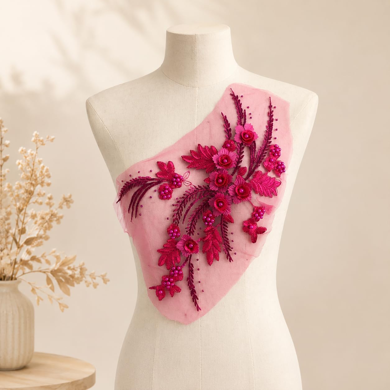 S.A.V.I Big Floral Embroidery Patch Sew-On Applique 34x25 cm|Hot Pink 3D Beaded Mesh Lace Motif for Kurtis, Blouses, Sarees, Gowns, Jeans & DIY Fashion Customization