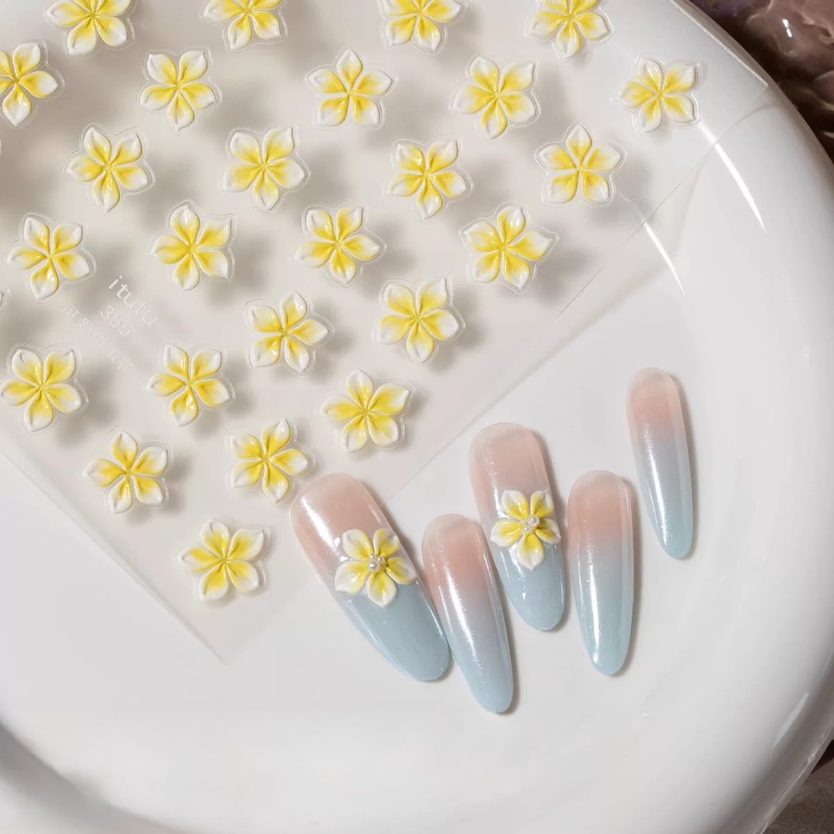 S.A.V.I 2 Sheets - 3D Floral Nail Art Stickers Yellow & Pink Blue Flower Design, Self Adhesive Resin Decals, Glossy Raised Decoration for Gel Acrylic Nails