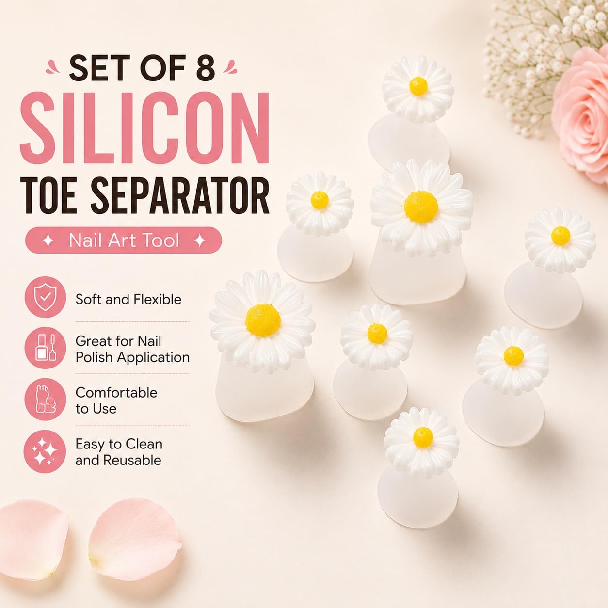 S.A.V.I Silicone Toe Separators Daisy Design Set of 8 | Reusable & Washable, Salon & Home Use, Nail Art & Pedicure, Soft & Flexible, Women & Girls