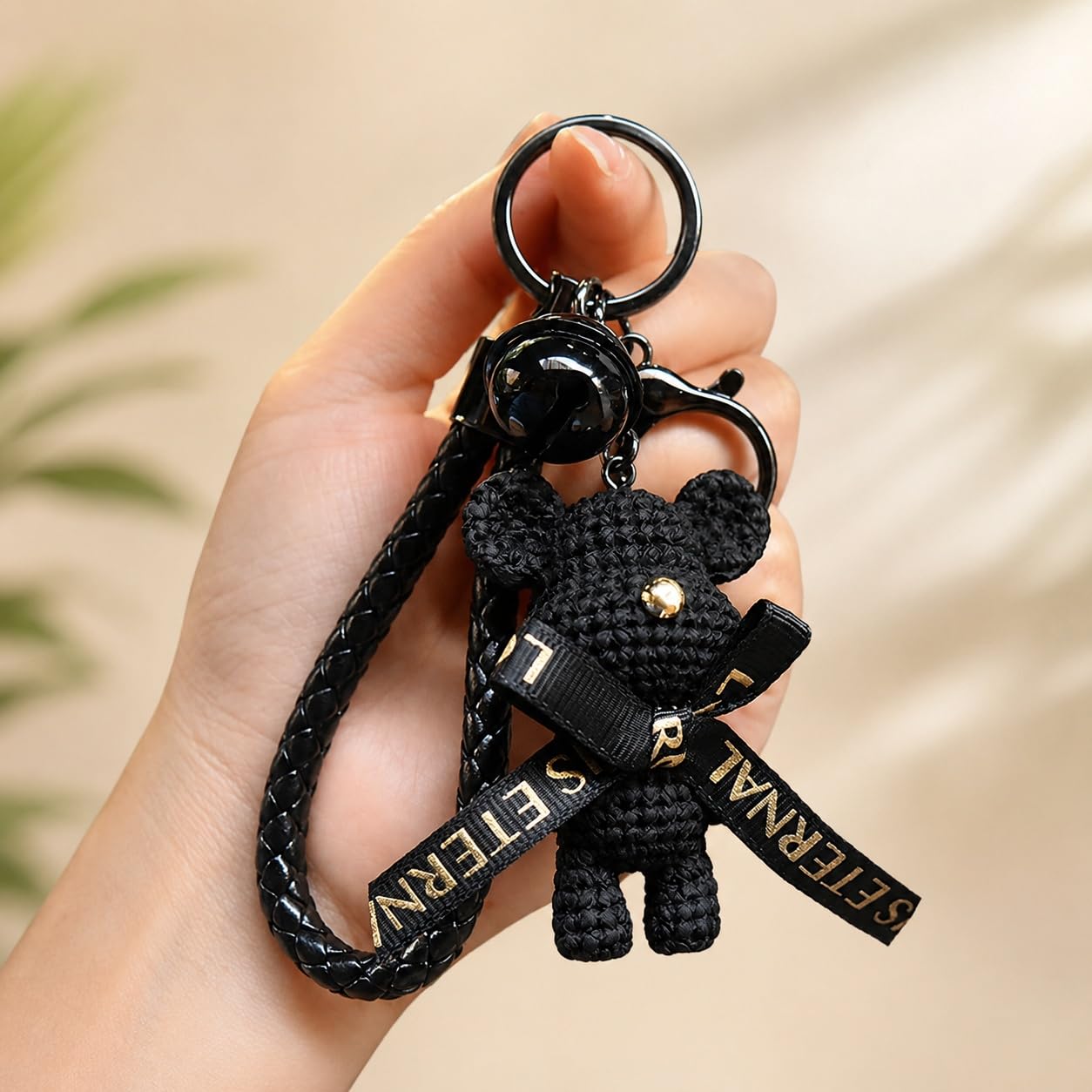 S.A.V.I Teddy Bear Keychain Black Bag Charm for Women & Girls | Braided Wrist Strap, Resin Figurine, Bell Pendant, 7 x 3.5 cm Size, 9.5 cm Loop