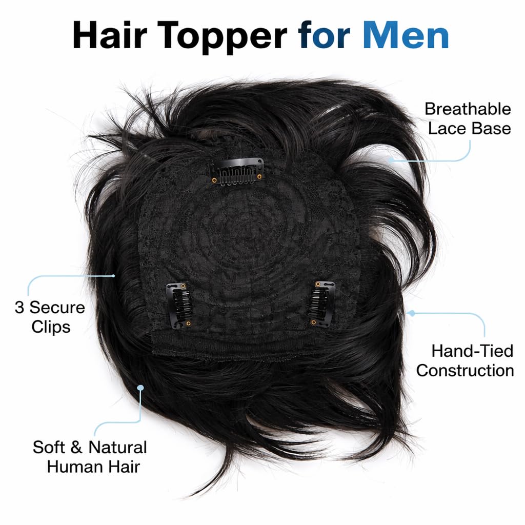 S.A.V.I Men’s Black Hair Topper Wig for Thinning Crown | Natural Straight Synthetic Hair Patch | Breathable Lace Base | Hand-Tied Design with Secure Clips | Realistic Coverage