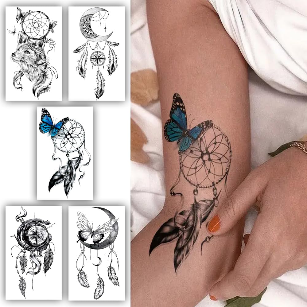S.A.V.I 5 Temporary Tattoo Sheets for Women  Men - Dreamcatcher, Butterfly, Moon, Wolf Designs - Waterproof, Long-Lasting, Easy to Apply  Remove, 10.5x6cm - Ideal for Parties  Festivals