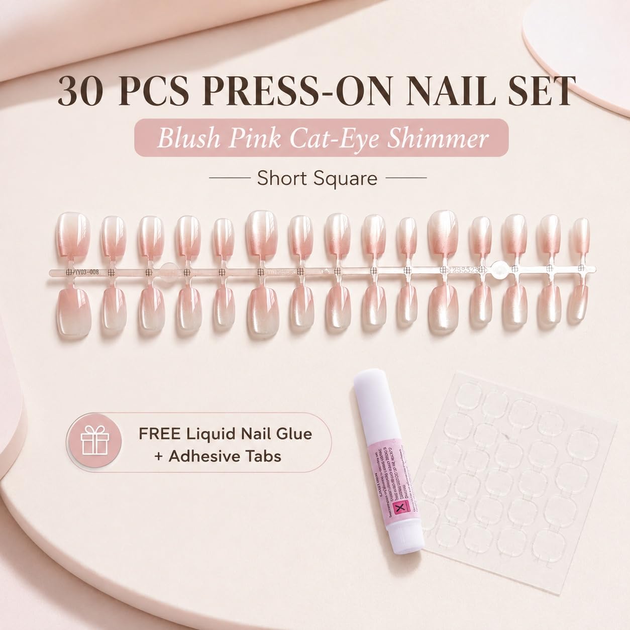 S.A.V.I Press on Nails Blush Pink Cat Eye Shimmer Short Square 30 Pcs