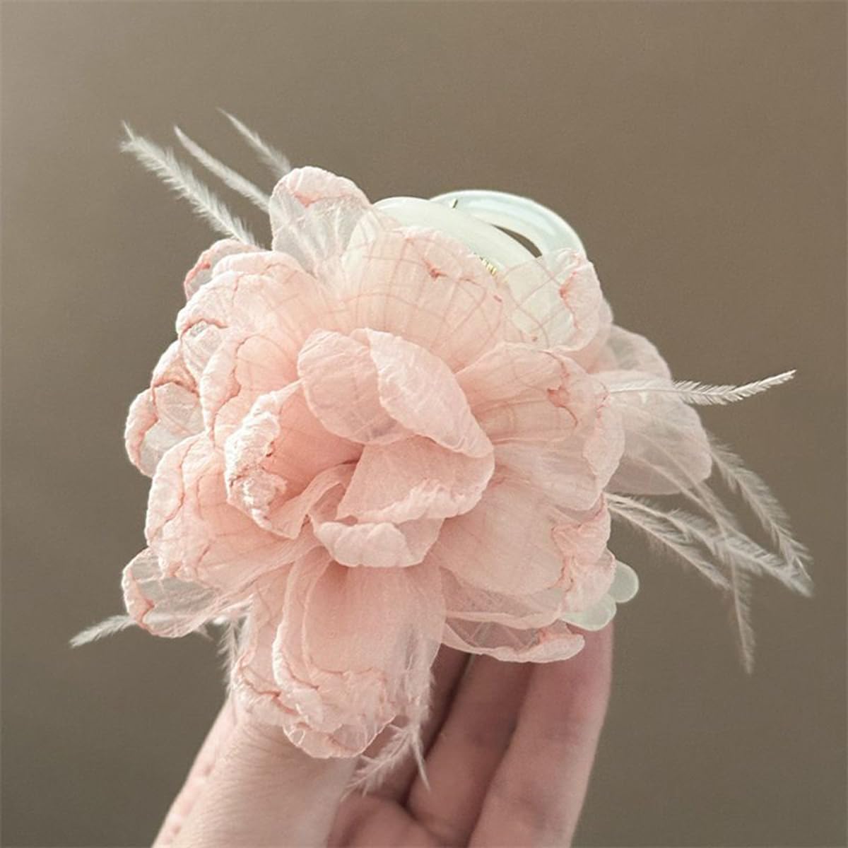 S.A.V.I Baby Pink Floral Hair Claw Clip for Women & Girls, 8 cm Rose Design, Lightweight Net Fabric with Strong Plastic Claw, Korean Style Hair Accessory for Daily, Party & Casual