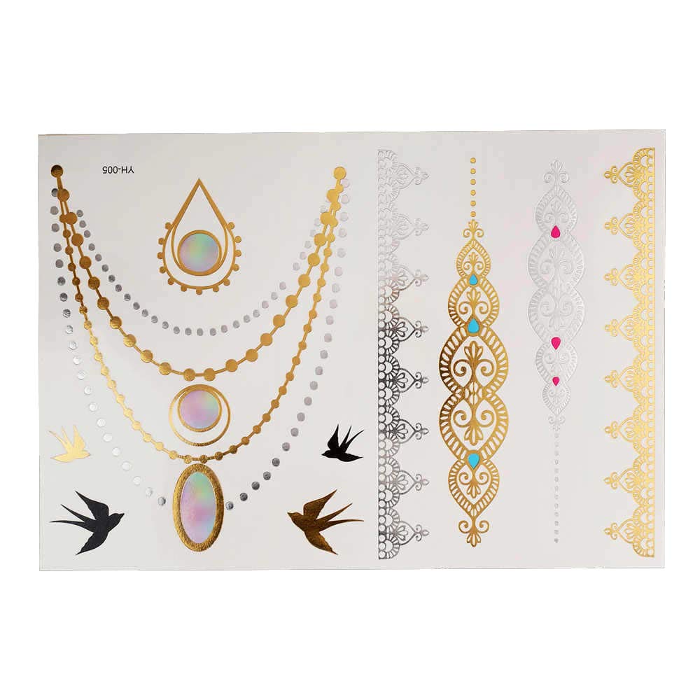 S.A.V.I 3D Temporary Tattoo Golden and Silver Metallic Sticker Bow Flower Hearts Design Size 21x15cm - 1pc. (5), Gold, 2 g