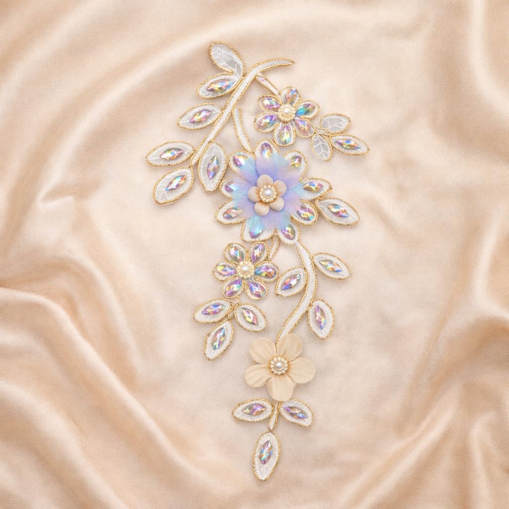 S.A.V.I Platinum Pastel Lavender Floral Vine Embroidered Applique Sew-On Patch, 27 x 14 cm, Beaded Pearl & Stone Work for Ethnic, Bridal & Evening Crafting (Right, Platinum, OneSize)